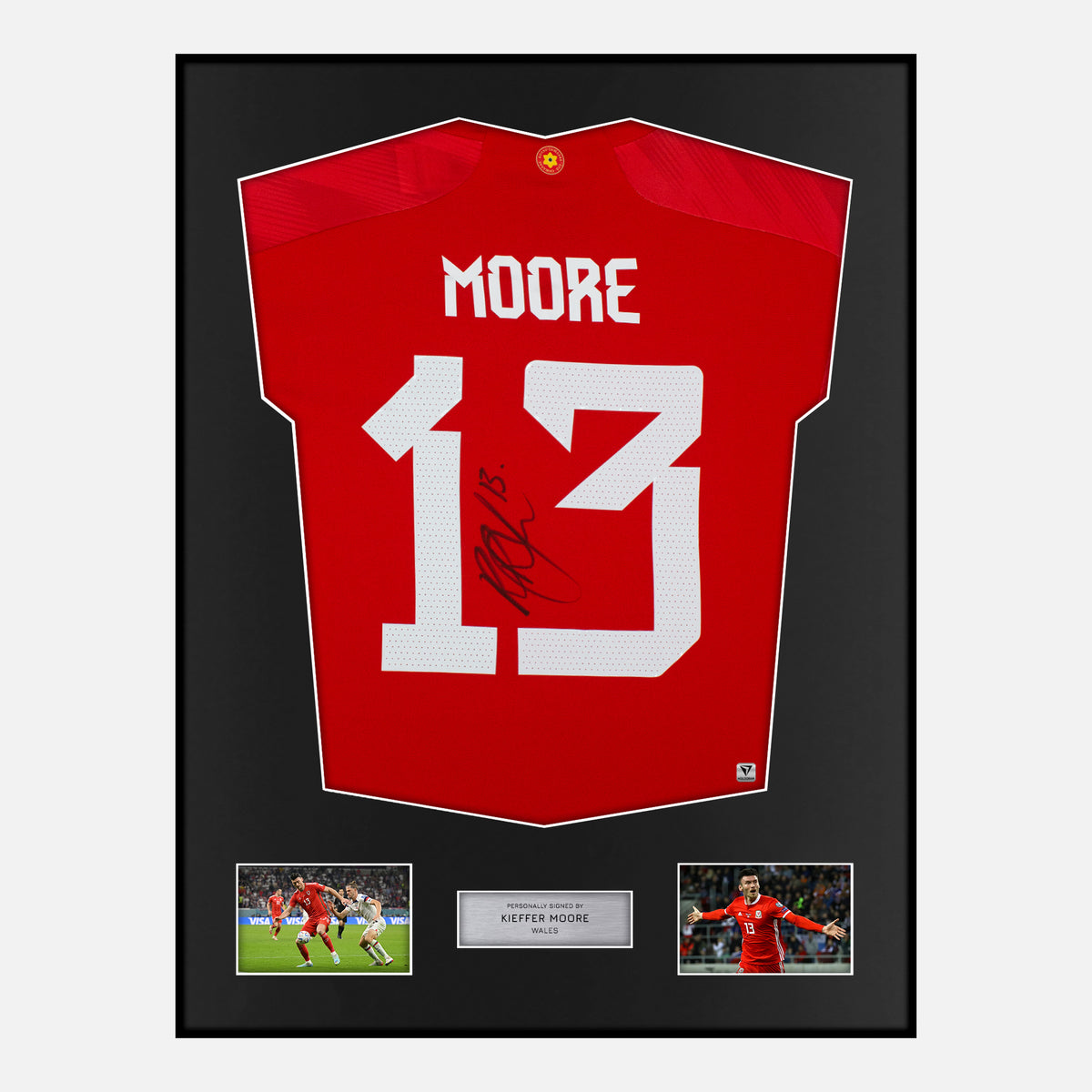 Framed Kieffer Moore Signed Wales Shirt 2022 World Cup [Classic] — Classic framed Wales shirt signed by Kieffer Moore | The Vault