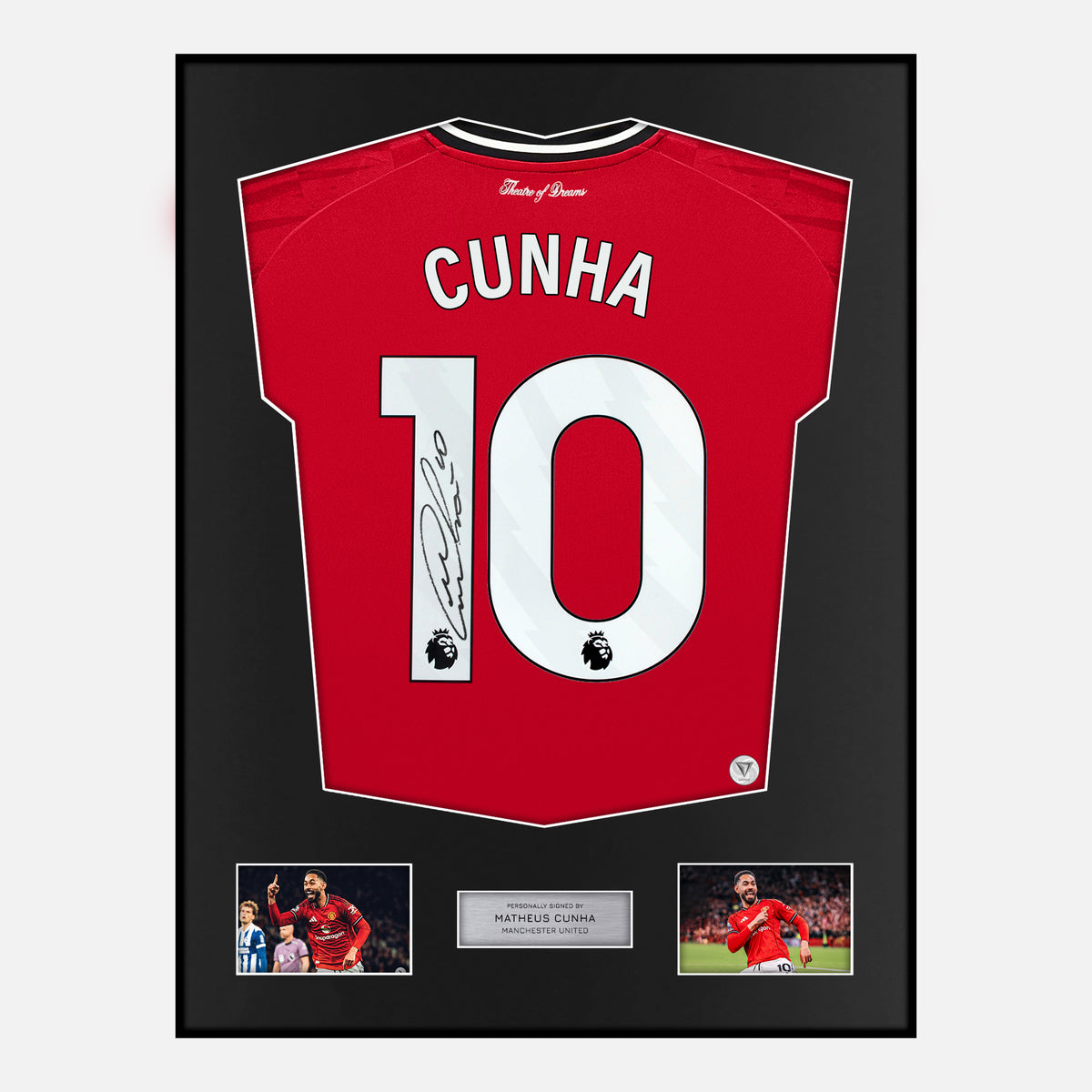 Framed Matheus Cunha Signed Manchester United Shirt Home 2025-26 [Classic] — Verified autograph with NFC and certificate | The Vault
