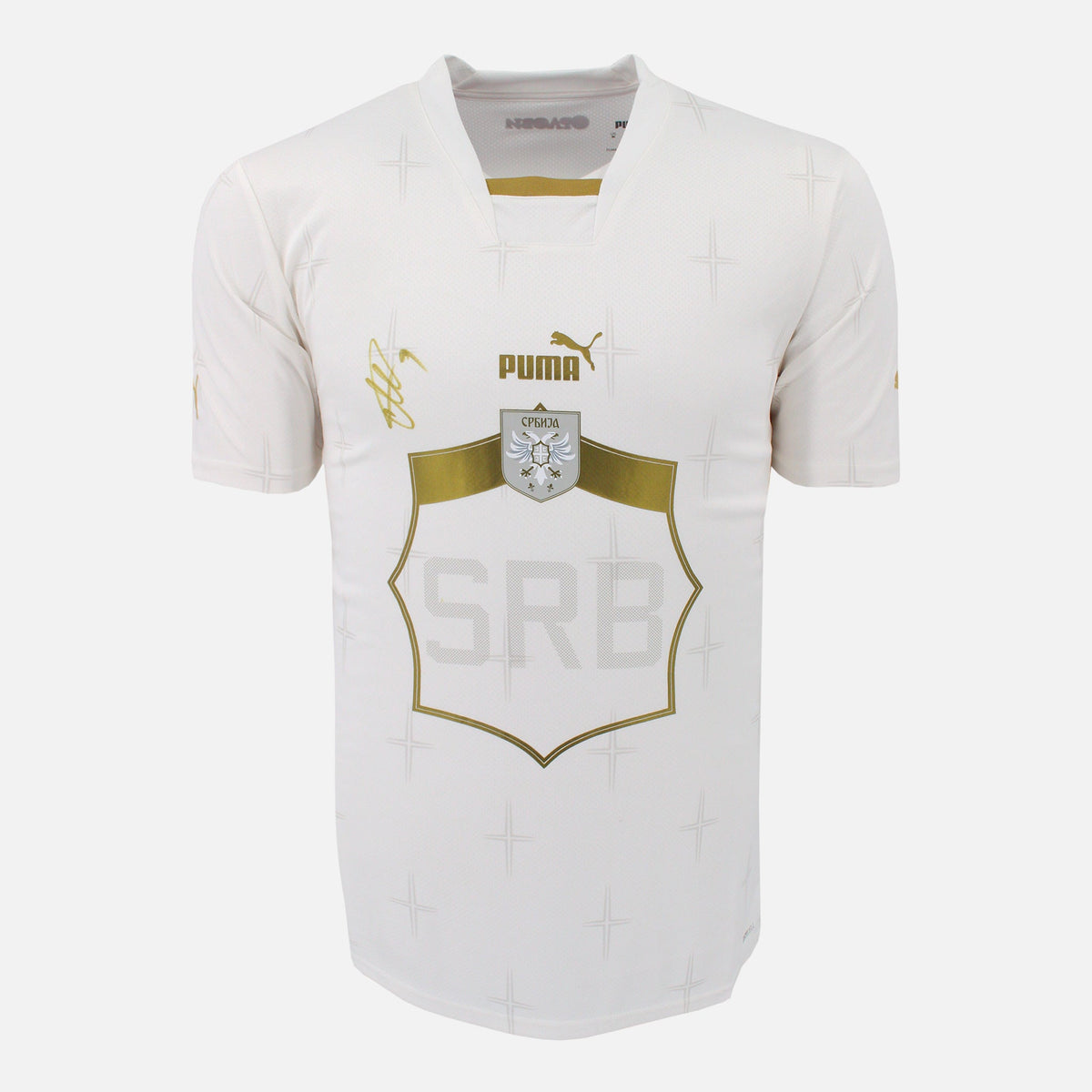Aleksandar Mitrović Signed Serbia Shirt 2022-23 Away [Front] — Official Serbia shirt signed by Aleksandar Mitrović | The Vault