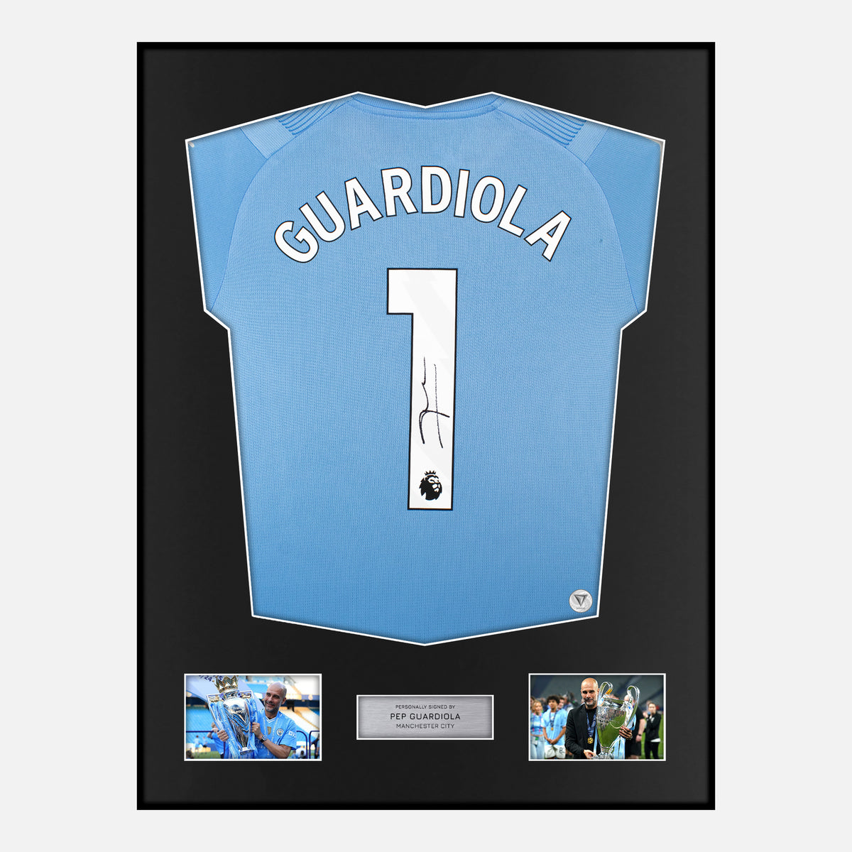 Framed Pep Guardiola Signed Manchester City Shirt 2023-24 Home [Classic] — Verified autograph with NFC and certificate | The Vault