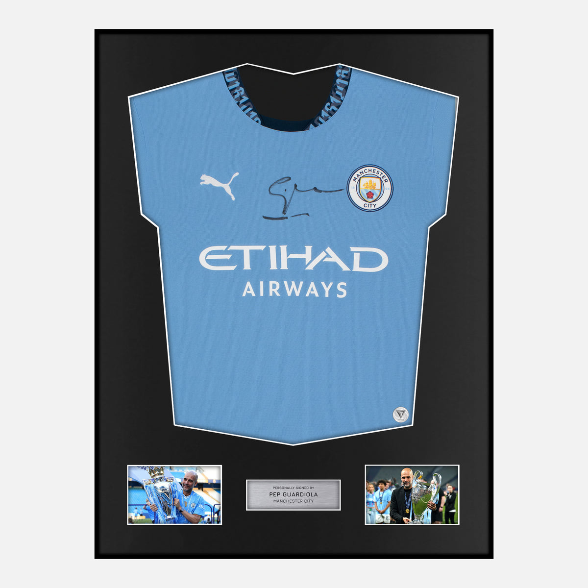 Framed Pep Guardiola Signed Manchester City Shirt 2024-25 Home [Classic] — Verified autograph with NFC and certificate | The Vault