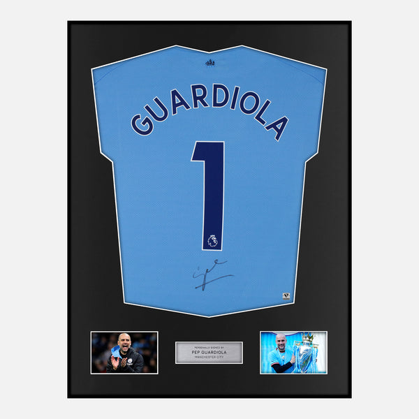 Framed Pep Guardiola Signed Manchester City Shirt 2022-23 Home [Modern]