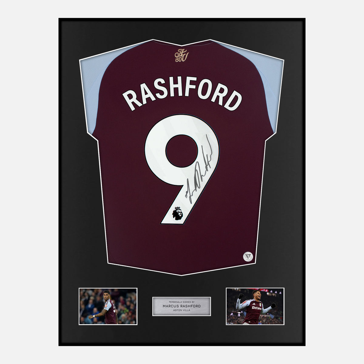 Framed Marcus Rashford Signed Aston Villa Shirt 2024-25 Home [Classic] — Classic framed Aston Villa shirt signed by Marcus Rashford | The Vault