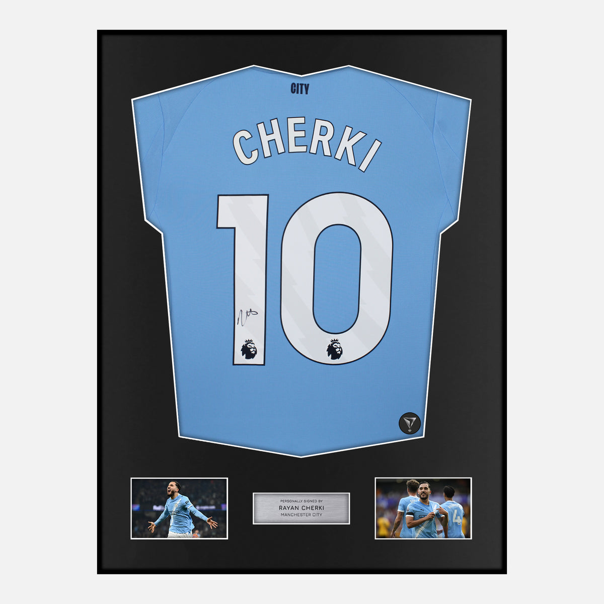 Framed Rayan Cherki Signed Manchester City Shirt Home 2025-26 [Classic] — Classic framed Manchester City shirt signed by Rayan Cherki | The Vault