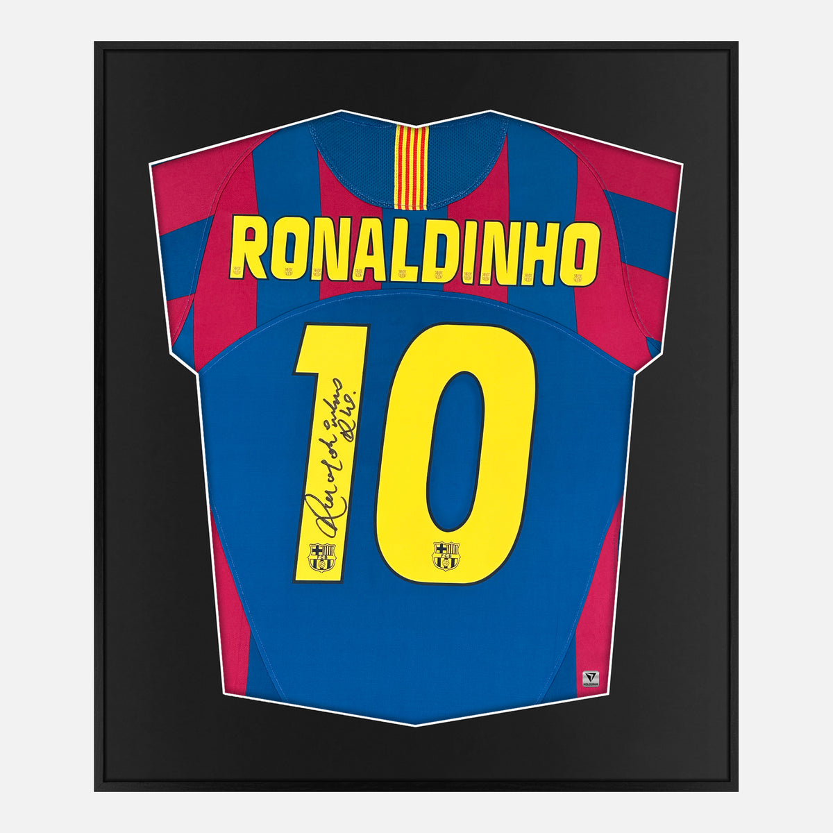 Framed Ronaldinho Signed Shirt, Barcelona Home, R10 [Lite] — Authentic signature with NFC and COA | The Vault