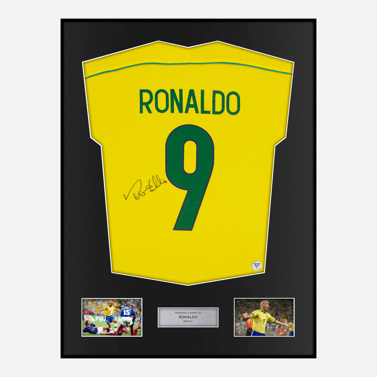 Framed Ronaldo Signed Brazil Shirt 1998 World Cup [Classic] — Classic framed Brazil shirt signed by Ronaldo Nazário | The Vault
