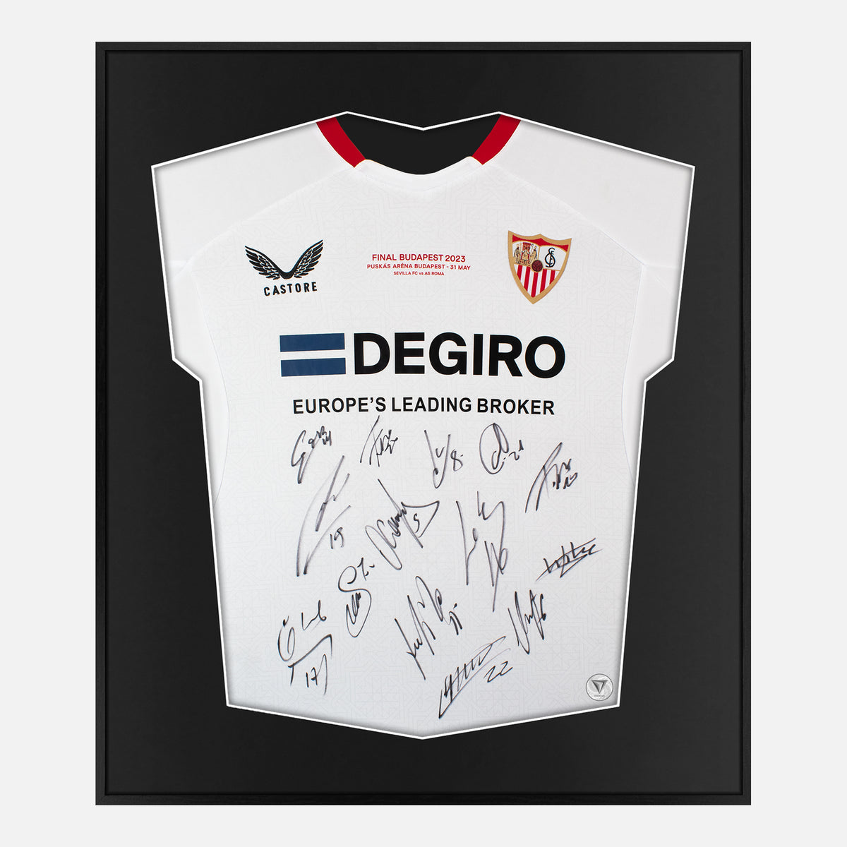 Framed Sevilla Signed Shirt, 2023 Europa League Squad [Lite] — Authentic signature with NFC and COA | The Vault