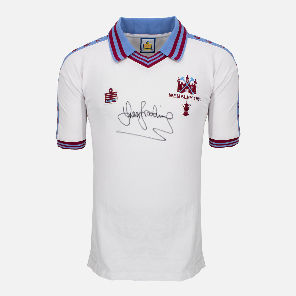 Trevor Brooking Signed West Ham Shirt 1980 FA Cup Winners [Front] — West Ham United signed shirt from the 1980 season | The Vault