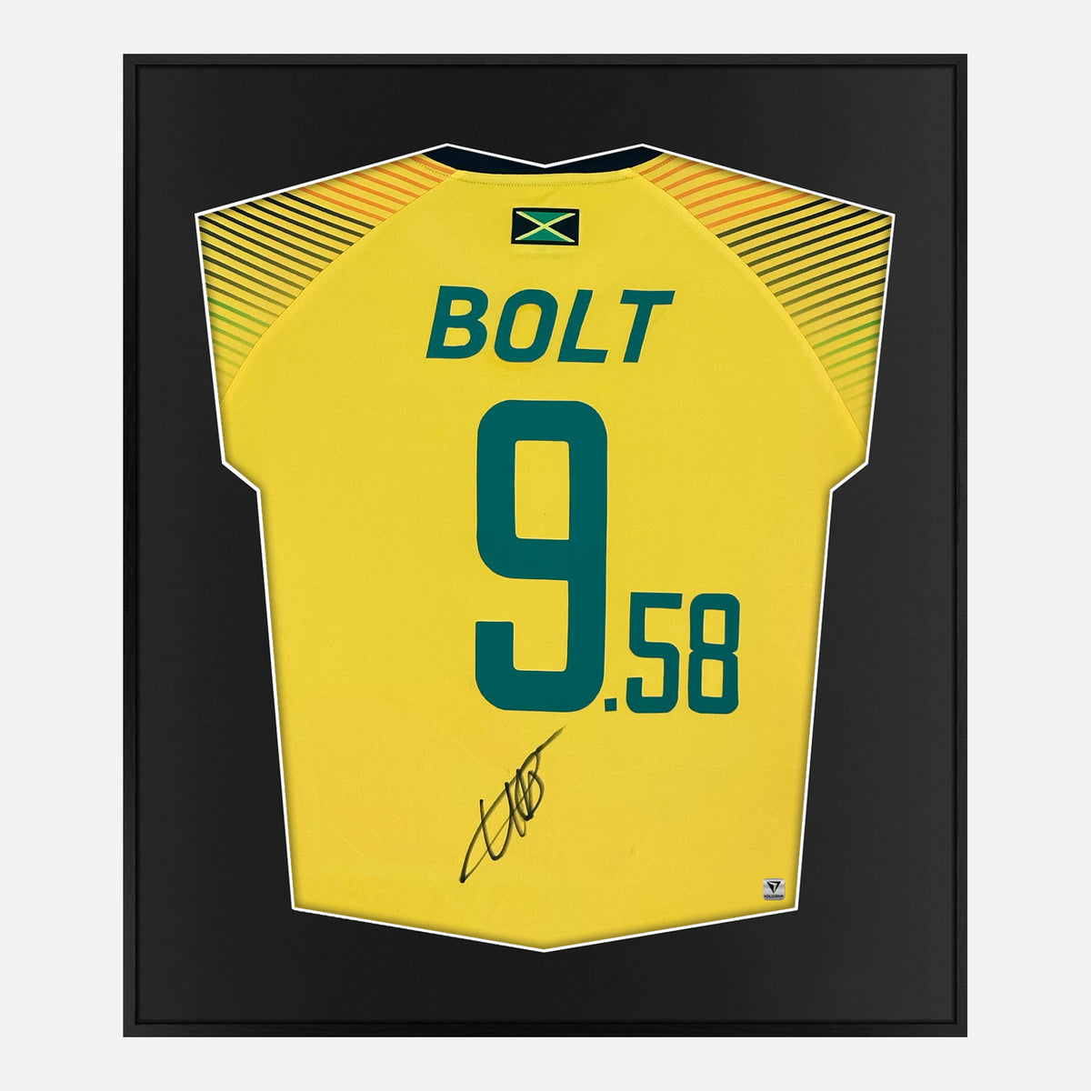 Framed Usain Bolt Signed Shirt, Olympic 100m Memorabilia [Lite] — Authentic signature with NFC and COA | The Vault