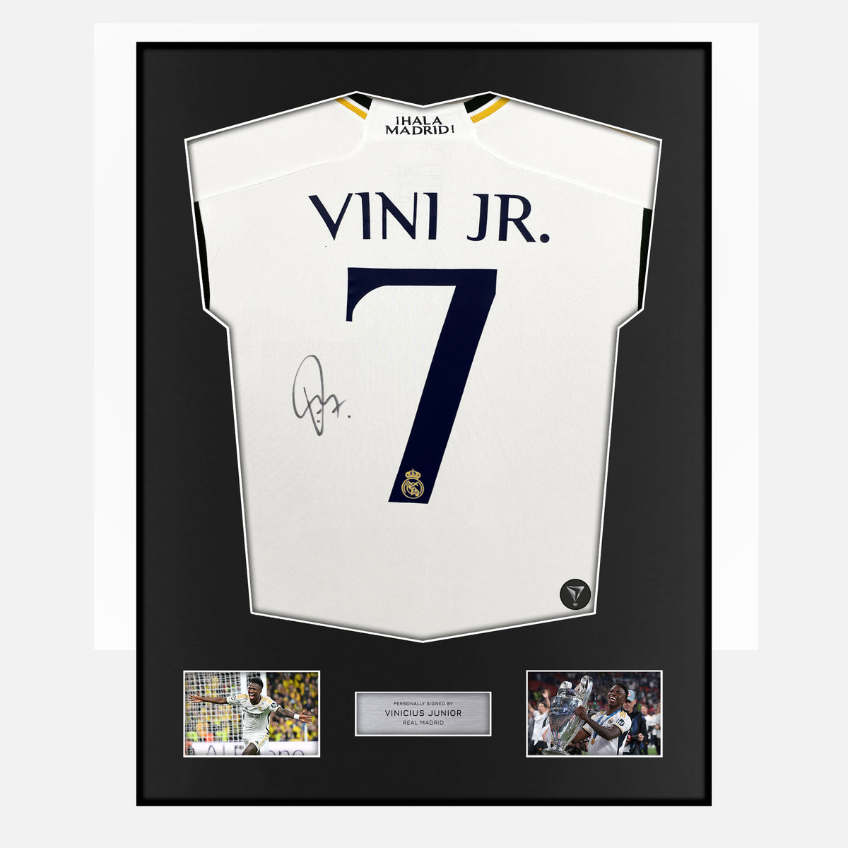 Framed Vinicius Junior Signed Real Madrid Shirt 2023-24 Home [Classic] — Classic framed Real Madrid shirt signed by Vinícius Júnior | The Vault