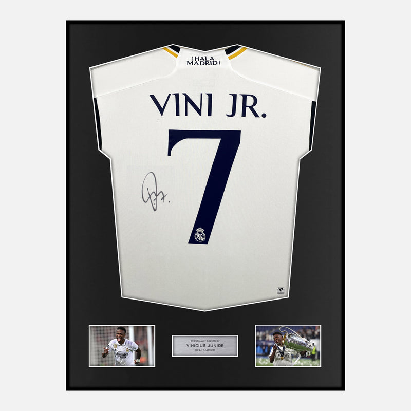 Framed Vinícius Junior Signed Real Madrid Shirt 2023-24 Home [Modern]