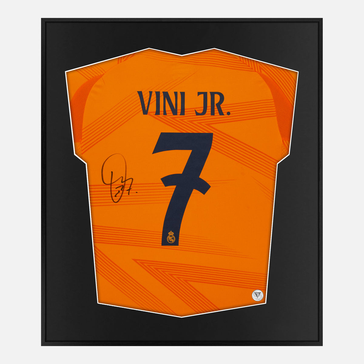 Framed Vinicius Junior Signed Shirt, Real Madrid, Away Orange, New [Lite] — Authentic signature with NFC and COA | The Vault