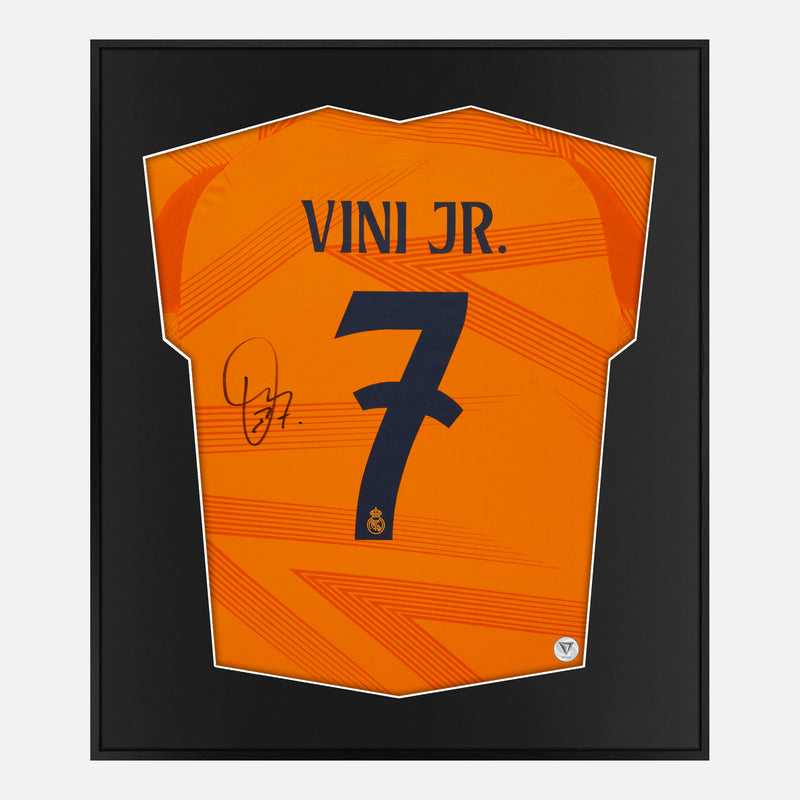 Framed Vinicius Junior Signed Shirt, Real Madrid, Away Orange, New [Mini]