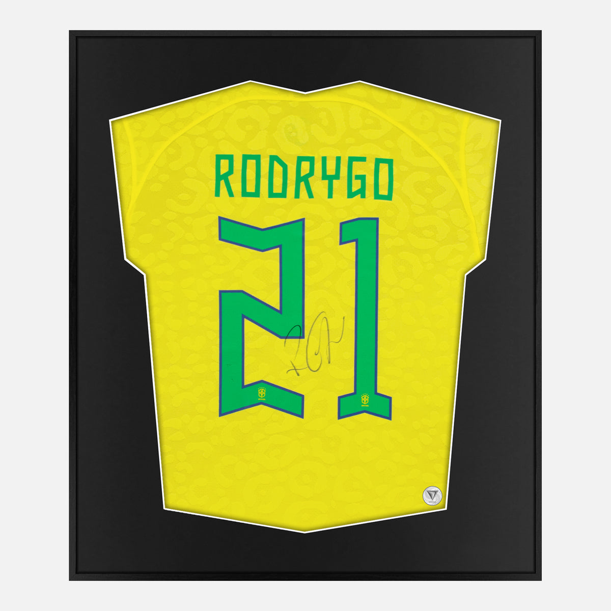Framed Rodrygo Signed Brazil Shirt, Authentic Home [Lite] — Authentic signature with NFC and COA | The Vault