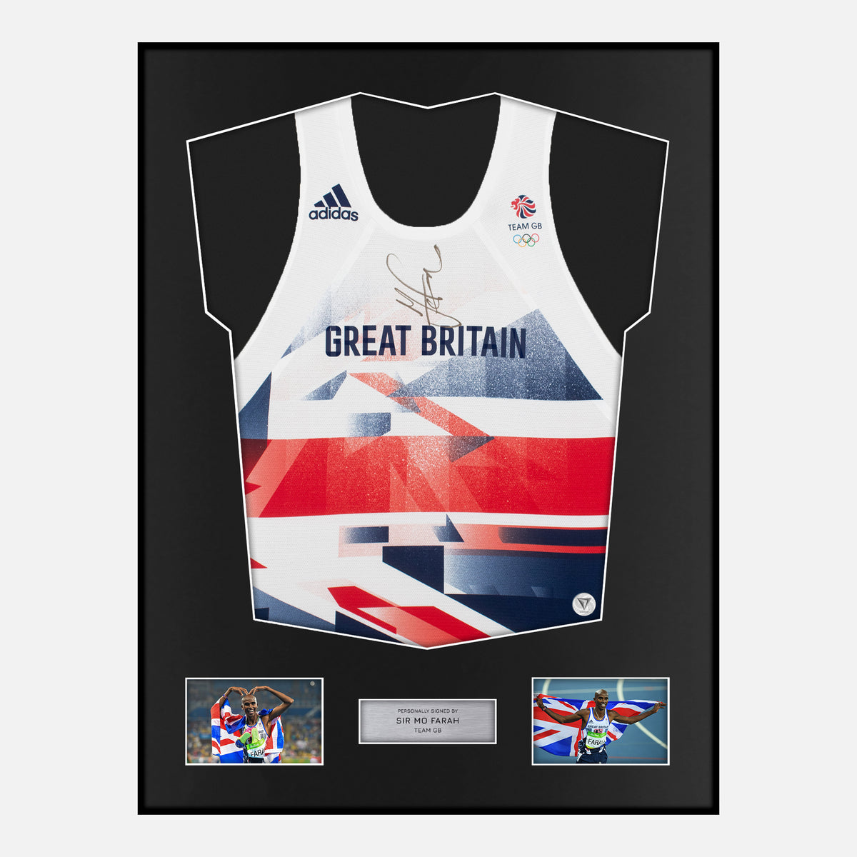 Framed Sir Mo Farah Signed Team GB Vest Gold [Classic] — Verified autograph with NFC and certificate | The Vault