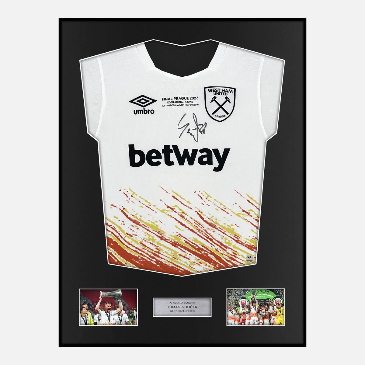 Framed Tomas Soucek Signed West Ham Shirt 2023 Conference Final [Classic] — Verified autograph with NFC and certificate | The Vault