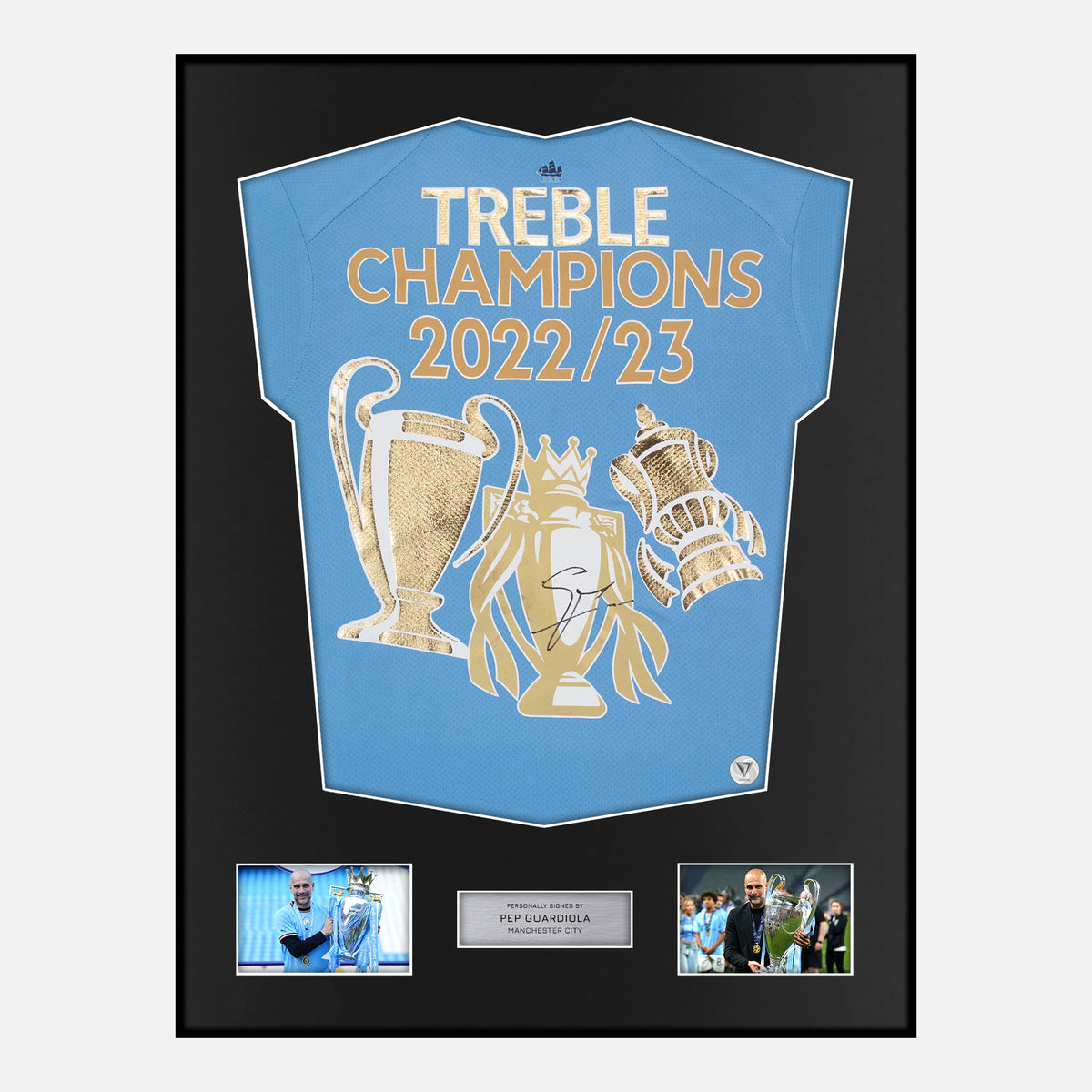 Framed Manchester City Shirt, Signed by Pep Guardiola, Treble Champions [Classic] — Verified autograph with NFC and certificate | The Vault
