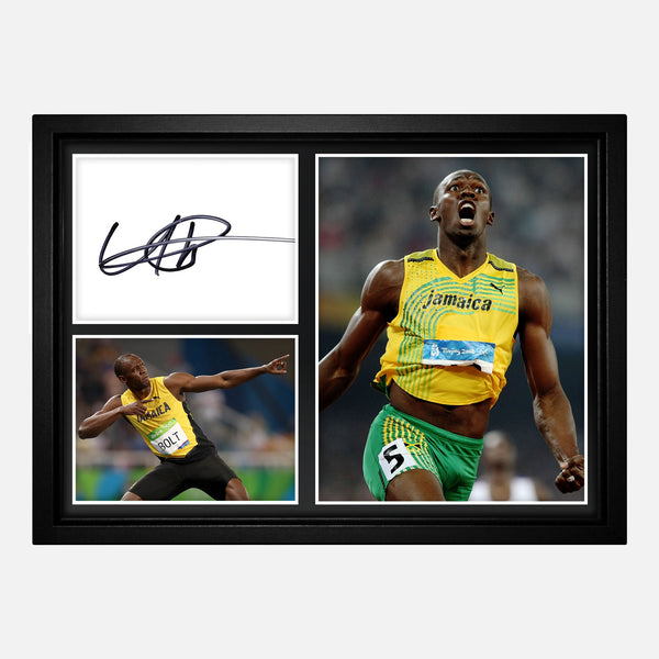 Framed Usain Bolt Signed Jamaica Olympics Photo Montage [A4]