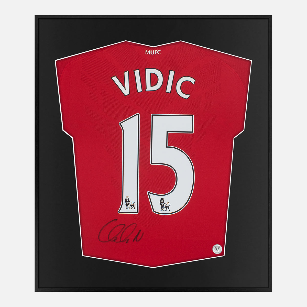 Framed Vidic Signed Manchester United Shirt, 15 Home [Lite] — Authentic signature with NFC and COA | The Vault