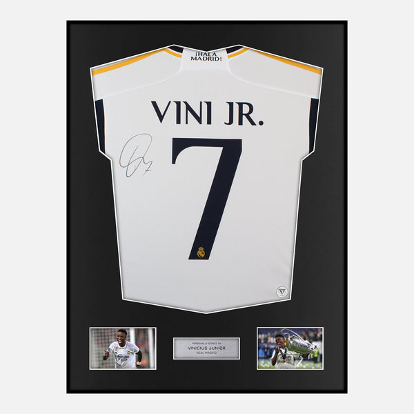 Framed Vinicius Junior Signed Real Madrid Shirt 2023-24 Home [Modern]