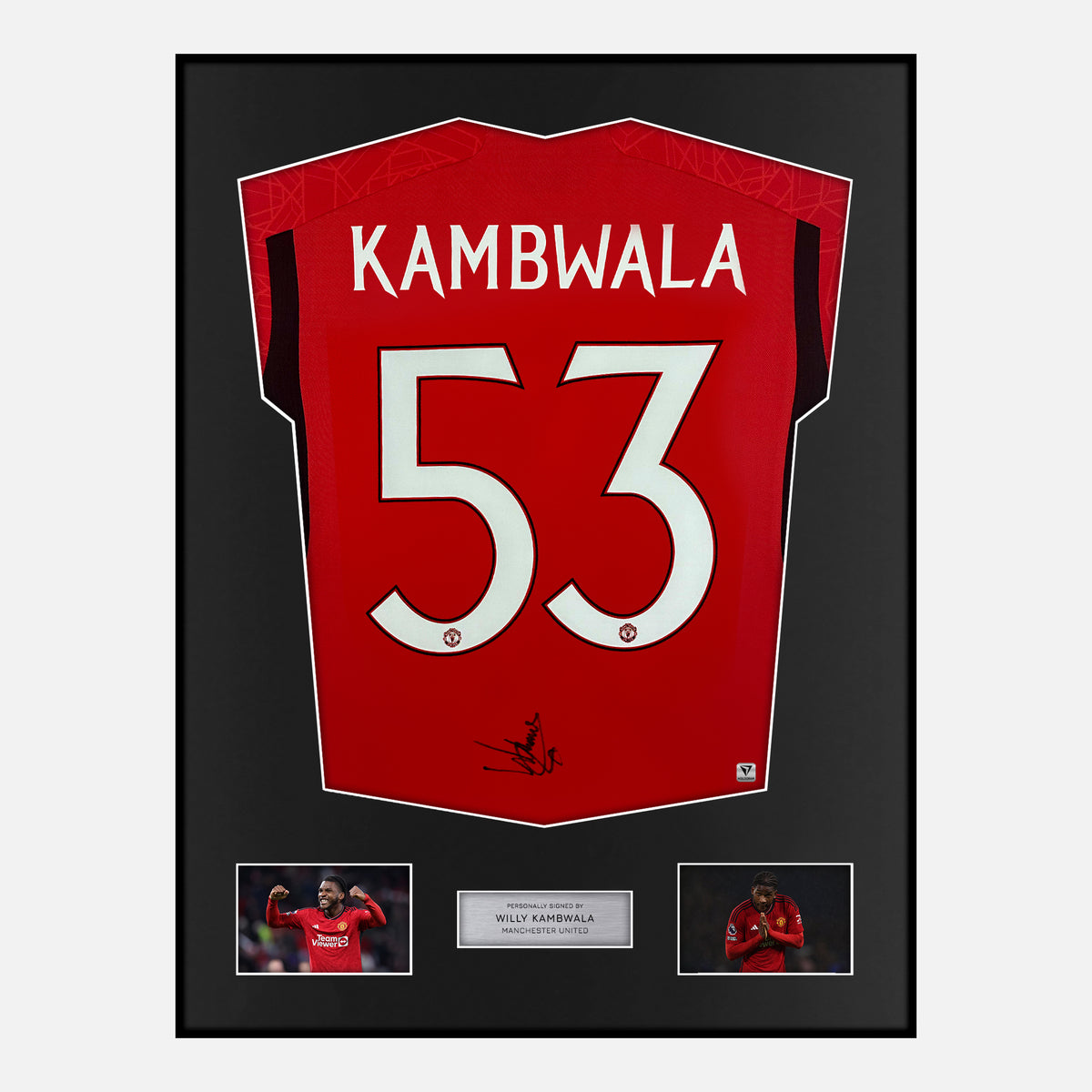 Framed Willy Kambwala Signed Manchester United Shirt Home 2023-24 [Classic] — Verified autograph with NFC and certificate | The Vault