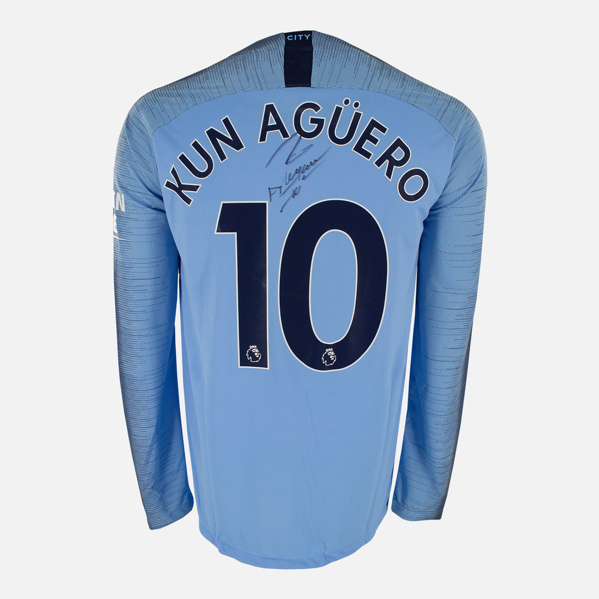 Sergio Aguero Signed Manchester City Shirt 2018-19 Home long sleeve [10] — Manchester City signed shirt from the 2018 to 2019 season | The Vault