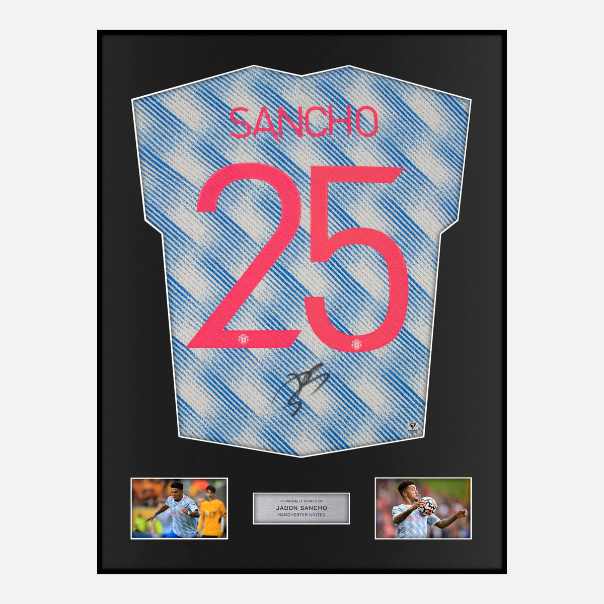 Framed Jadon Sancho Signed Manchester United Shirt 2021-22 Away [Classic] — Verified autograph with NFC and certificate | The Vault
