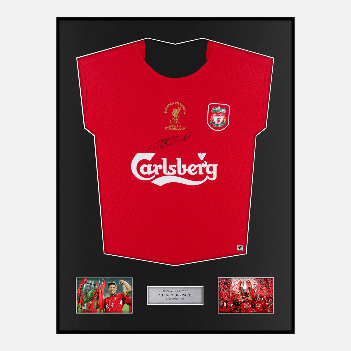 Framed Steven Gerrard Signed Liverpool Shirt Istanbul 2005 Home Front [Classic] — Verified autograph with NFC and certificate | The Vault