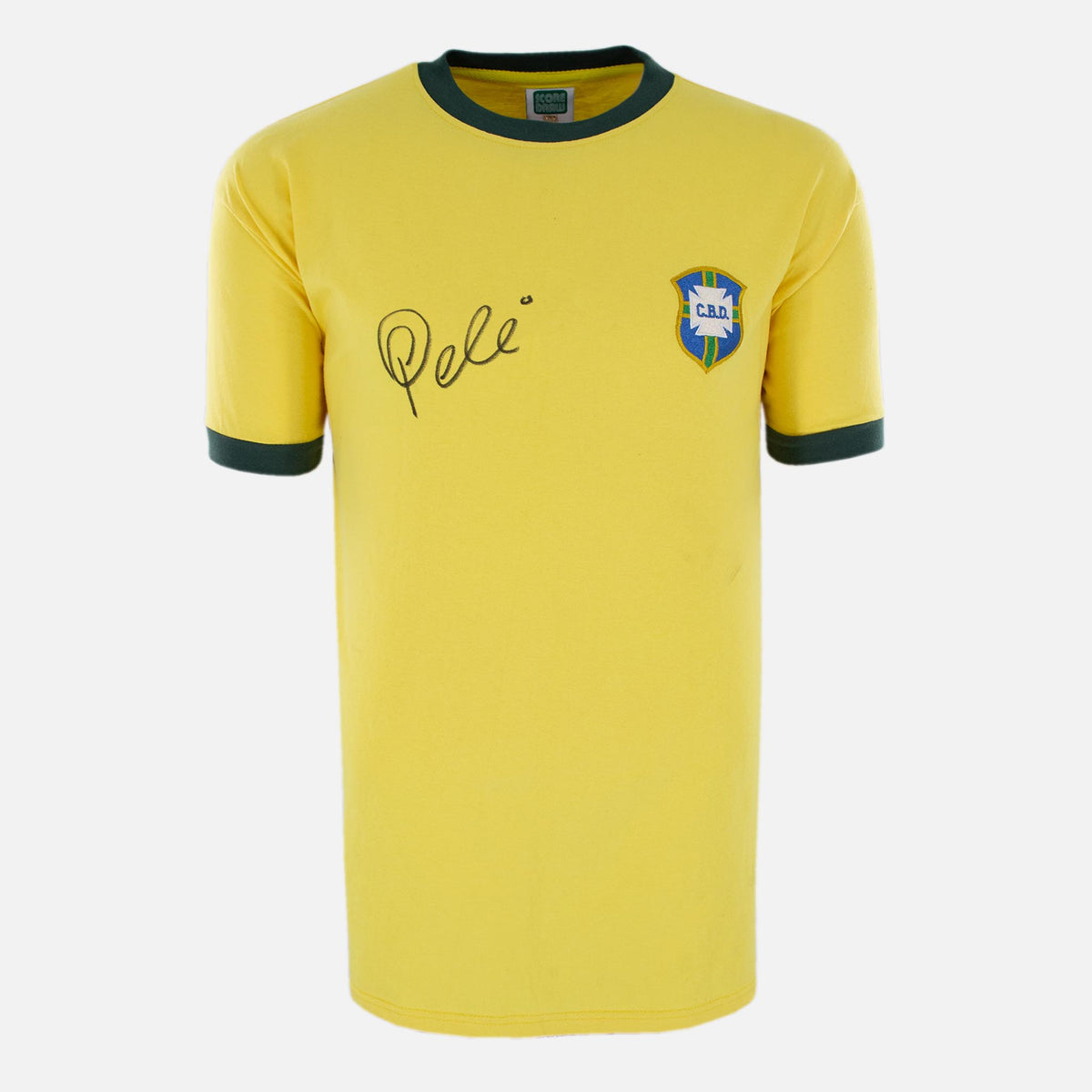 Pele Signed Brazil Shirt 1970 World Cup [Front] — Brazil signed shirt from the 1970 season | The Vault