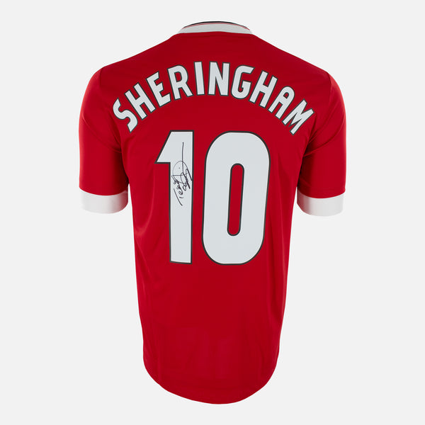 Sheringham Signed Manchester United Shirt 1999 treble Style printing