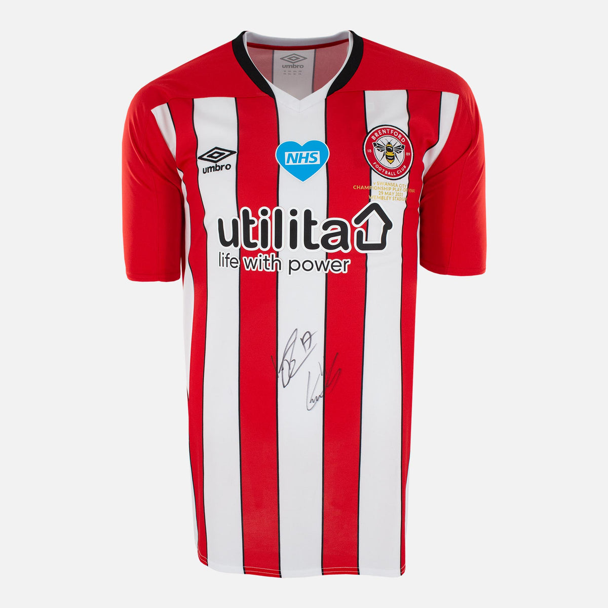 Toney & Marcondes Signed Brentford Home Shirt 2021 Play-Off Final — Brentford signed shirt from the 2021 season | The Vault